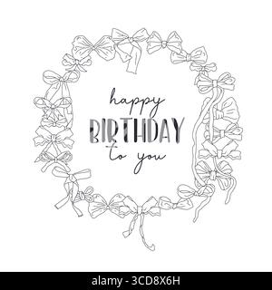 Handgezeichnetes schwarz-weißes Strichbild niedliche Fancy Schleife Knoten Kranz mit Text Happy Birthday to you Stock Vektor