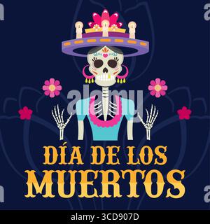 Catrina Skelett Kleid Blumen. Vektor Stock Vektor