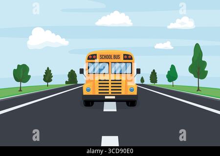 Vektor-Cartoon Gelber Schulbus, der auf der Straße mit Bäumen fährt. Niedlicher flacher Vektor Schulbus für Kinder. Schulbus Illustration für Bildung, Schüler Stock Vektor
