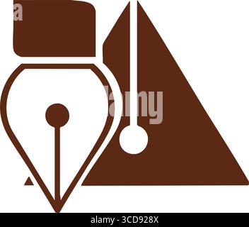 Tintenfeder und geometrische Art Mark. Das stilisierte braune und weiße Emblem steht für Kreativität, präzises Zeichnen und intellektuelles Streben. Ausgezeichnet für educ Stock Vektor