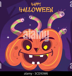 Farbiges gruseliges halloween-Poster Zombie Kürbis mit Würmern Vektor Stock Vektor