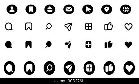 „Symbolsatz für soziale Medien und Webschnittstelle – Schwarze Benutzer-, Nachrichten-, Such-, Like- und Herzsymbole“ Stock Vektor