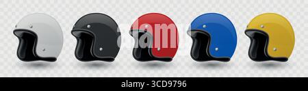 Vector 3D Motorrad Helm Set - weiß, schwarz, rot, blau, gelb Farben. Vektor-Illustration Des Open Face Helms. Schutzausrüstung für Biker Stock Vektor