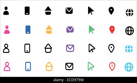 „Mehrfarbige Symbole für Web- und App-Schnittstelle – Benutzer, Mobilgerät, Startseite, E-Mail, Cursor, Position und Globe-Symbole“ Stock Vektor