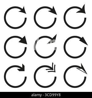 Kreisförmige Pfeile gesetzt. Einfache Drehsymbole. Vektor aktualisieren wiederholen. Symbole für den Richtungszyklus. Stock Vektor