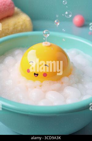 Lustige Kugel in schaumigem Wasser im Waschbecken im Badezimmer mit Badeaccessoires auf dem Hintergrund Stockfoto