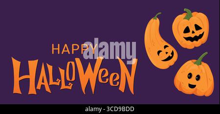 Süße Kürbisse auf einem Halloween-Poster. Fröhliche Halloween-Worte und drei Zeichentrickfilme Kürbisse die Jack Lantern mit verschiedenen Emotionen. Gut für festliche Tage Stock Vektor