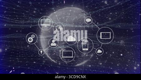 Anzeige von gepunktetem 3D-Globus-Mesh im Cyberspace mit Gerätesymbolen, Cloud-, Gear- und Avatarsymbolen Stockfoto
