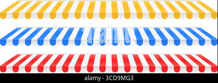 Gestreiftes Schaufensterzelt-Set. Sammlung mit Markisenmuster aufbewahren. Dachdeckerpaket für Café oder Restaurant. Rote, gelbe und blaue Abdeckung des Marktplatzes. Farbenfrohe Vorlage für Sonnenschirme. Vektor Stock Vektor