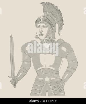 Spartanischer Krieger, der Schwert hält, Intage Gravur Zeichnung Stil Vektor Illustration Stock Vektor