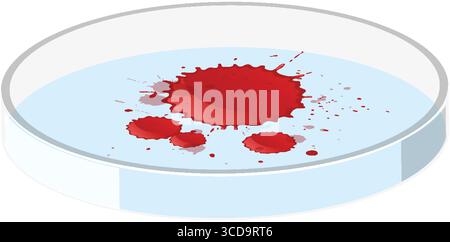 Vektor-Illustration von roten Bluttröpfchen in einer transparenten Petrischale, flacher Design-Stil, saubere Zusammensetzung, wissenschaftliche Laboreinstellung, weiße Rückseite Stock Vektor