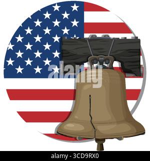 Vektor-Illustration der Freiheitsglocke vor einer kreisförmigen amerikanischen Flagge. Auffällige Farben und klare Linien verstärken die patriotische Symbolik Stock Vektor