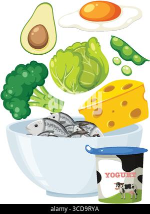 Vector illustration of assorted healthy foods including fish, cheese, egg, avocado, broccoli, lettuce, peas, and yogurt in a clean, flat style Stock Vektor