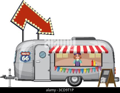 Vektor-Illustration eines Vintage Food Trucks mit einem Route 66 Schild. Mit leuchtenden Farben und klassischem Design Stock Vektor