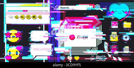Retro Internet y2k-Glitch-Elemente mit Browserfenstern, Fehlermeldungen, Emoticon-Symbolen und digitalen Artefakten für Webdesign. Nostalgische Computerästhetik mit verdorbenen Pixeln, Neonfarben Stock Vektor