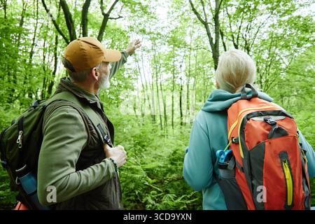 Seniorenpaar erkunden gemeinsam den Wald während des Outdoor Adventure Stockfoto