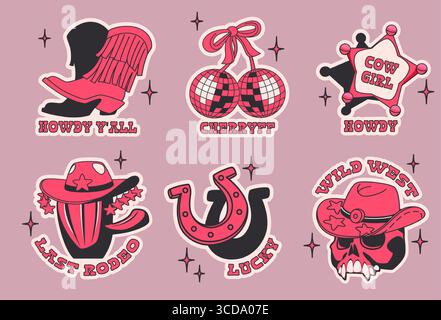 Rote und schwarze Disco-Cowgirl-Aufkleber - Westernstiefel, Kirschspiegelkugeln mit Band, Sheriff-Abzeichen und Kakteen mit Mütze, Hufeisen und Schädelmotiven. Retro-Country-Grafiken für Partydekoration. Stock Vektor