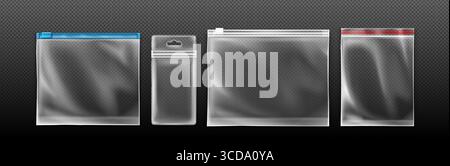 Durchsichtiger Beutel mit Reißverschluss, transparentem Kunststoff und farbigen Dichtungen zur Aufbewahrung. Wiederverschließbare Beutel mit blauen, weißen und roten Verschlussstreifen und Aufhängeöffnung für den Einzelhandel oder Lebensmittelverpackungen. Stock Vektor