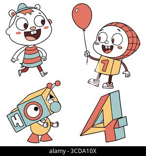 Verspielte Vektorfiguren mit Ballons und Zahlen für Illustrationen und Designs für Kinder Stock Vektor