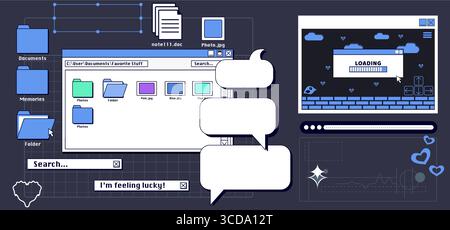 Klassischer y2k-Retro-Internet-Desktop mit blauen Ordnersymbolen, Datei-Explorer-Fenster und leeren Sprechblasen auf dunklem Gitterhintergrund. Nostalgische Pixel-Game-Computer-Schnittstelle für Oldschool-Webästhetik. Stock Vektor
