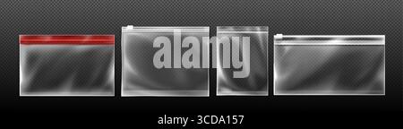 Durchsichtiger Beutel mit Reißverschluss, transparentem Kunststoff und farbigen Dichtungen zur Aufbewahrung. Wiederverschließbare Beutel mit weißen und roten Verschlussstreifen für den Einzelhandel oder Lebensmittelverpackungen. Stock Vektor