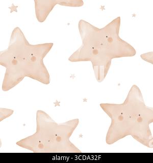 Ein verspieltes nahtloses Muster von Beige lächelnden Seestern oder Sternen auf weißem Hintergrund. Unregelmäßiger Endlosdruck Mit Happy Starfish.Sternenmuster. Stockfoto