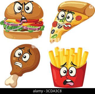 Vektor-Illustration von Burger, Pizzascheibe, gebratenem Hühnertrommelstock und Pommes Frites mit übertriebenen emotionalen Gesichtsausdrücken in einem verspielten Cartoon styl Stock Vektor