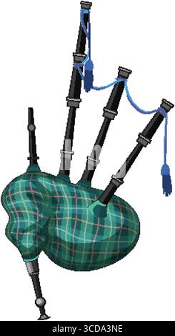 Vektorillustration des klassischen schottischen Dudelsackes mit grünem Schottenbeutel, detaillierten Rohren und blauen dekorativen Kordeln, isoliert auf weißem Hintergrund Stock Vektor
