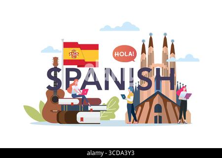 Spanischkurs mit spanischen Kulturelementen. Schulpädagogik-Vektor-Cartoon Stock Vektor