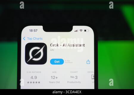 Roosendaal, Niederlande - 9. August 2025: Ein Smartphone mit dem Logo von Grok im App Store. Stockfoto