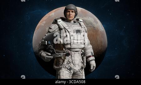 Raumreisende stehen selbstbewusst in einem weißen Weltraumanzug und halten einen Helm, während sie auf einen fernen Planeten blicken. Die kosmische Kulisse verbessert das Gefühl von Stockfoto