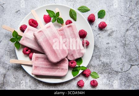Hausgemachtes Himbeer-Eis und frische Himbeeren. Sommerliche Küche. Stockfoto
