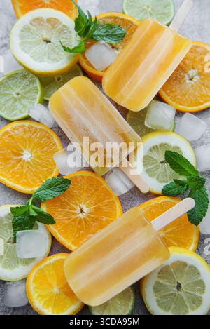Fruchtorangeneis, Eiswürfel und Scheiben von Zitrusfrüchten. Stockfoto