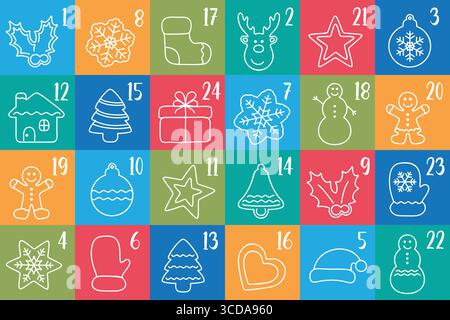 Bunter kindlicher Adventskalender 24 verschiedene Motive Vektor-Illustration Stock Vektor