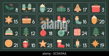 Bunter kindlicher Adventskalender 24 verschiedene Motive Vektor-Illustration Stock Vektor