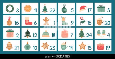 Bunter kindlicher Adventskalender 24 verschiedene Motive Vektor-Illustration Stock Vektor