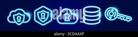 Blaue Neon Cloud-Sicherheits-Neon-Symbole mit Schloss, Schild, Datenbankserver, Access Key-Logo für Datenschutz, Serverzugriff, Speichersysteme, digital Stock Vektor