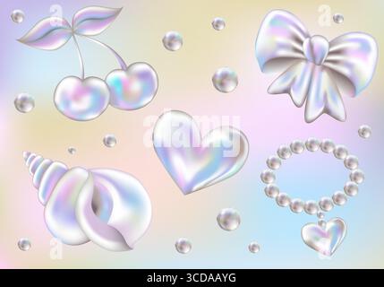 3D-Aufkleber aus Chrom im Y2K-Stil. Dreidimensionale Perle, Muscheln, Schleife, Kirsche, Perlenkette und Herz. Holografische Retro-Symbole, realistische Vektorillustration auf verlaufendem Hintergrund. Stock Vektor
