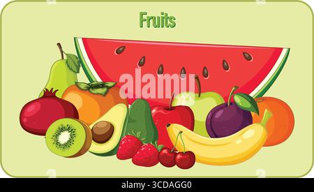 Helle Vektor-Illustration von verschiedenen Früchten einschließlich Wassermelone, Banane, Kiwi, Avocado und Beeren, in einem lebendigen, flachen Cartoon-Stil angeordnet Stock Vektor