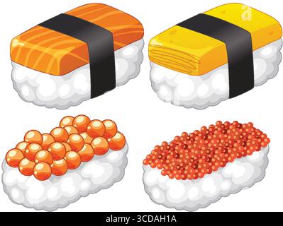 Vier Arten von Sushi, einschließlich Lachs, Tamago, Ikura und Tobiko, gerendert in einem klaren, farbenfrohen Vektorstil mit weichen Schatten und weißem Hintergrund Stock Vektor