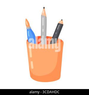 Eine handgezeichnete Vektor-Illustration einer orangen Tasse mit einem blauen Pinsel und zwei Bleistiften. Dieses Bild stellt die wichtigsten Werkzeuge eines Künstlers oder stu dar Stock Vektor