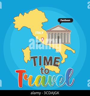 Farbenfrohe Vektorkarte von Italien, die Rom und das Pantheon hervorhebt. Mit lebendiger Typografie und einem verspielten Reisethema Stock Vektor