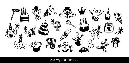 Nette Linie Kinder alles Gute zum Geburtstag Kritzelhintergrund. Skizzieren Sie handgezeichnete Symbole und Elemente. Partyhut, Ballons, Feierkuchen mit Kerzen, Stock Vektor