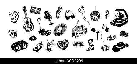 Handgezeichneter Vintage-Doodle-Musik-Hintergrund. Junggesellinnen im Retro-Stil, Geburtstagsparty. Vinyl-Player, Gitarre, Radiozeichnung. Disco und Karaoke-Clu Stock Vektor