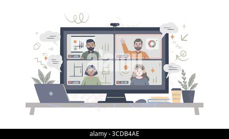 Vier Personen, die an einem virtuellen Online-Meeting auf einem Computerbildschirm teilnehmen Stock Vektor