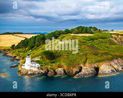 St. Anthony Lighthouse ab Drohne, Roseland Peninsula, Head Circular Walk, Cornwall, Großbritannien Stockfoto