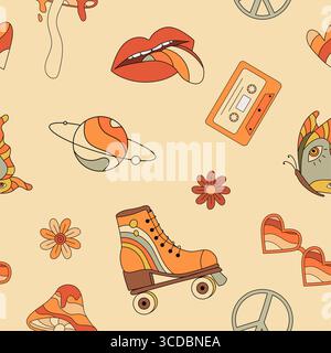 Hippie psychedelisch grooviges nahtloses Muster. Retro-Blumen, Schmetterling, Rollschuh, Lippen, Kassette, Friedenszeichen. Illustration des surrealen Vektors Stock Vektor