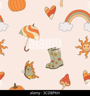 Herbst-grooviges nahtloses Muster mit Regenbogen, Pilzen, Regenschirm. Herbststimmung. Retro 70s Vektor Illustration. Hippie-STYLE. Stoff, Textildesign Stock Vektor