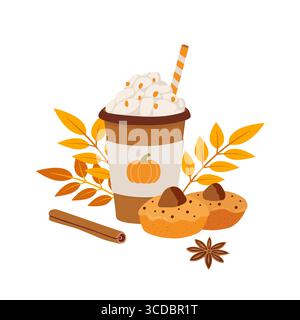 Kürbis Gewürz Latte und Cupcake Cartoon Vektor Illustration. Handgezeichnete Herbstsaison Dessert, Getränk und Blätter Komposition. Stock Vektor
