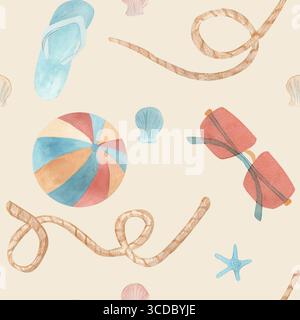 Nahtlose Vorlage Aquarellillustration mit Ball, Flip Flop, Gläser, Muscheln und Seesterne gelber Farb-Hintergrund. Für Stoffe, Tapeten, beac Stockfoto